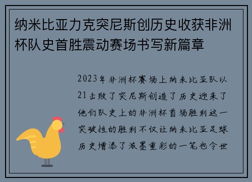 纳米比亚力克突尼斯创历史收获非洲杯队史首胜震动赛场书写新篇章