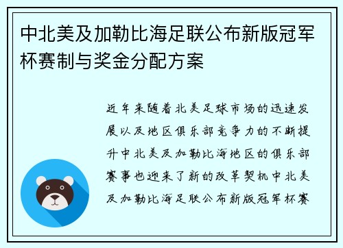中北美及加勒比海足联公布新版冠军杯赛制与奖金分配方案 中北美及加勒比海足联公布新版冠军杯赛制与奖金分配方案